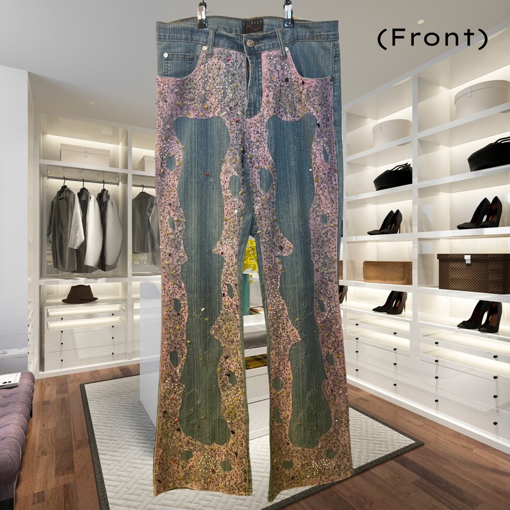 Beaded FITELLE Paris Denim & Pink Lace Boot Cut Mid Rise Jeans